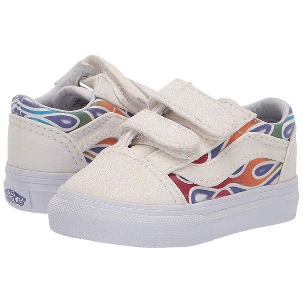 Vans Old Skool V (Sparkle Flame) Rainbow/True White Kids Skate Shoes Size 7.5 T